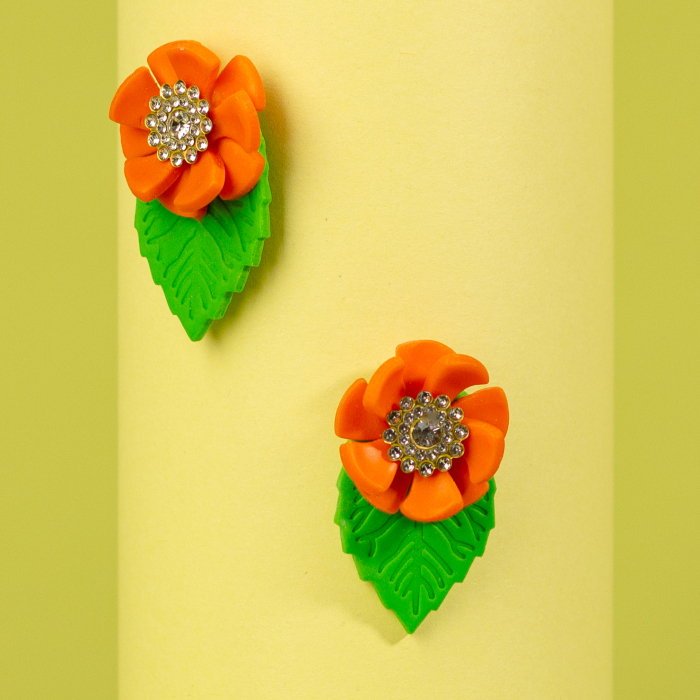 Cercei Aurora cu floare portocalie și frunză verde [2]