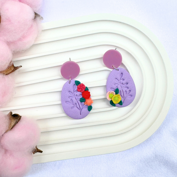 Cercei Floral Egg mov cu design asimetric [3]