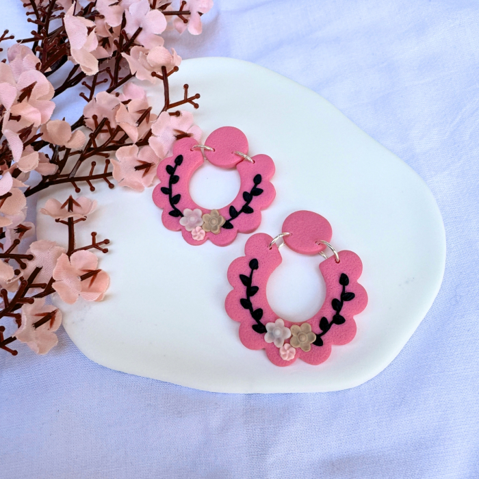 Cercei Gizel roz cu model floral [3]