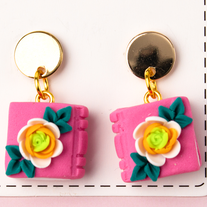 Cercei Mini Carte Roz cu Design Floral [2]