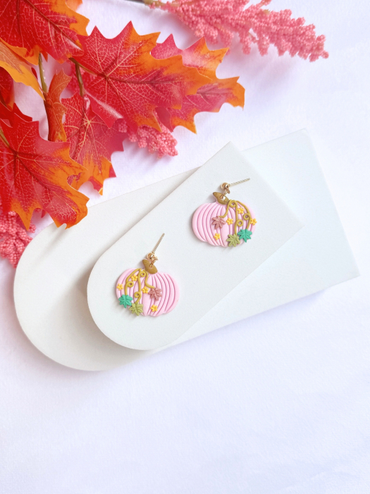 Cercei roz Pinky Pumpkin cu model auriu [3]