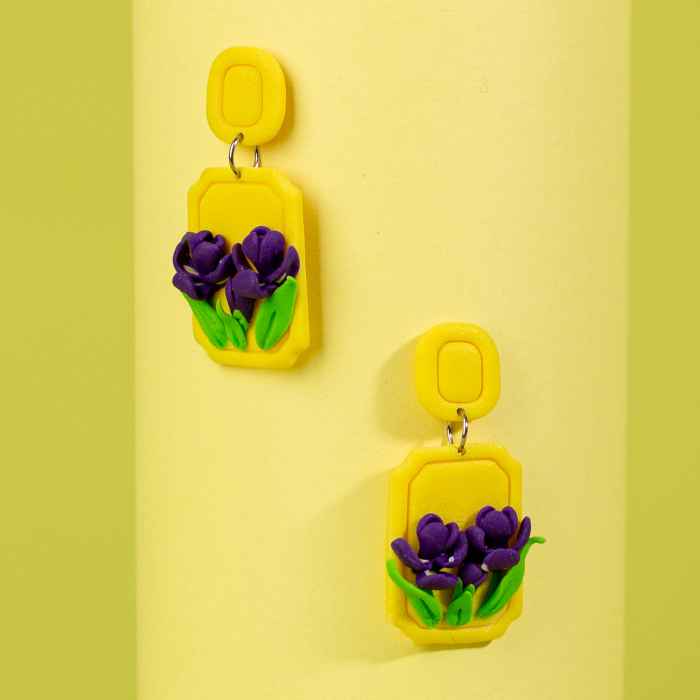 Cercei Yellow Iris galbeni cu flori mov [2]