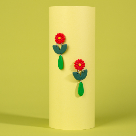 Cercei Lungi - Cercei Rosii cu Model Floral