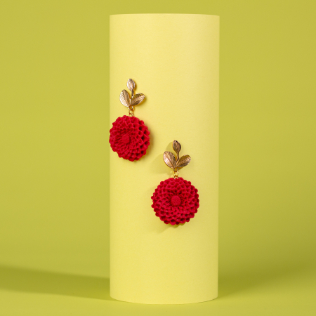 Cercei Lungi - Cercei Dhalia roșii cu design floral