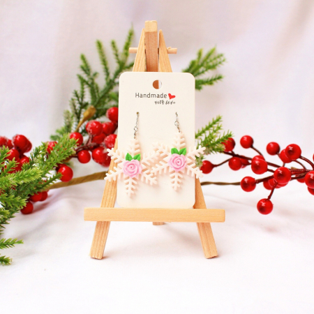 Christmas - Cercei Floral Flakes albi cu trandafir roz