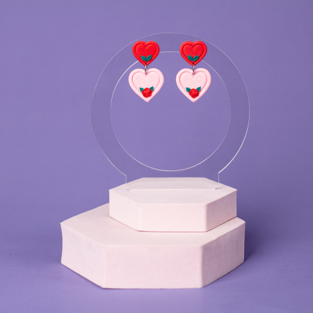 Cercei Medii - Cercei Inimi Roz cu Bujor