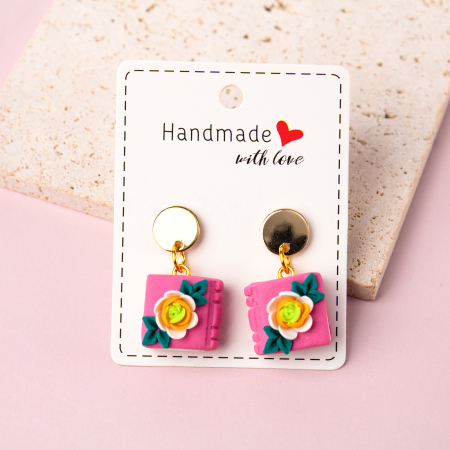 Pink Pastel - Cercei Mini Carte Roz cu Design Floral