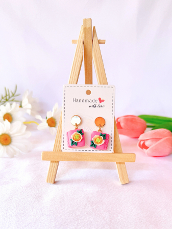 Back 2 School - Cercei Mini Carte Roz cu Design Floral