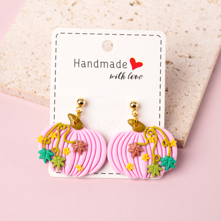 Pink Pastel - Cercei roz Pinky Pumpkin cu model auriu