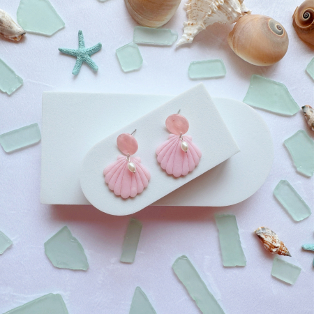 Cercei Lungi - Cercei Pinky Shells roz cu perle