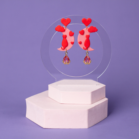 Cercei Lungi - Cercei rosii cu pisica pe luna