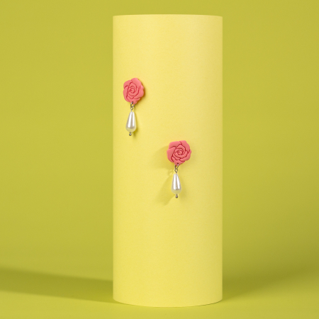 Cercei Medii - Cercei Trandafir Roz cu Perlă