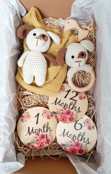 Set cadou Jucarie crosetata Catel + jucarie dentitie crosetata Catel + muselina mustar [1]