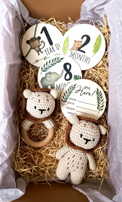 Set cadou jucarie crosetata Leu + jucarie dentitie crosetata Leu + muselina verde [1]