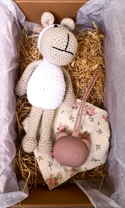 Set cadou - Jucarie crosetata Oaie - babetica alb cu flori - suport silicon suzeta [1]