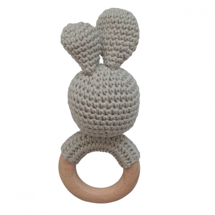 Set cadou - Jucarie dentitie iepure gri crosetat - babetica albastra - lant suzeta cu clema [4]