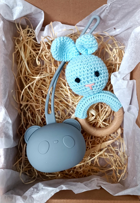 Set cadou - Jucarie dentitie iepure albastru crosetat -  suport silicon suzeta [1]