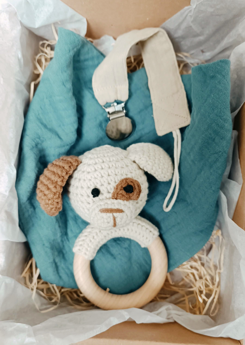 Set cadou - Jucarie dentitie Catel crosetat - babetica albastra - lant suzeta cu clema [1]