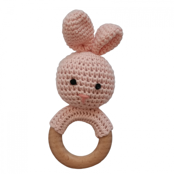 Set cadou - Jucarie dentitie iepure roz crosetat - babetica alba - carduri din lemn aniversare lunara [2]