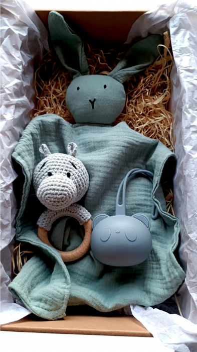 Set cadou - Jucarie dentitie crosetata Elefant - muselina mustar - suport silicon suzeta [1]