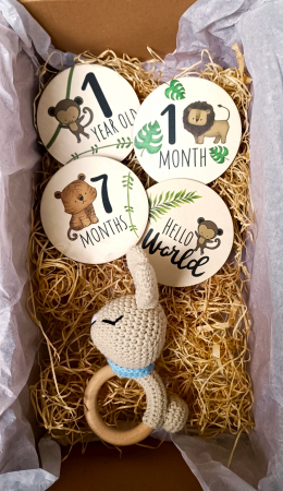 Seturi cadou - Set cadou jucarie crosetata Leu + jucarie dentitie crosetata Leu + muselina verde