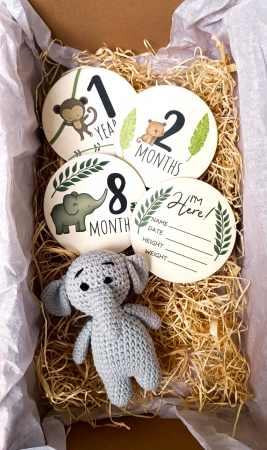 Seturi cadou - Set cadou bebelusi - jucarie crosetata Elefant -  carduri din lemn aniversare lunara