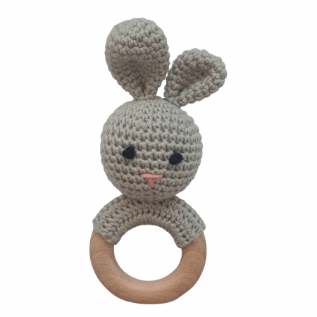 Set cadou - Jucarie dentitie iepure gri crosetat - babetica albastra - lant suzeta cu clema [1]