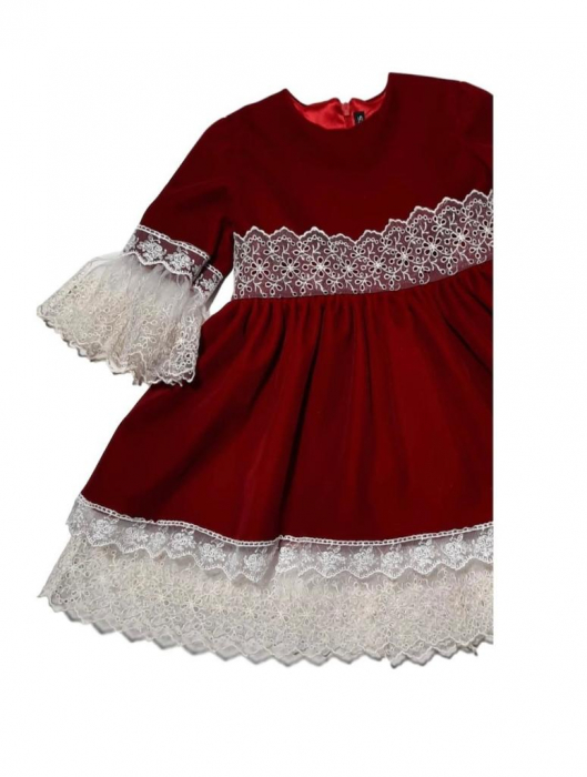 Rochita eleganta din catifea rosie cu aplicatii din dantela Alice [2]