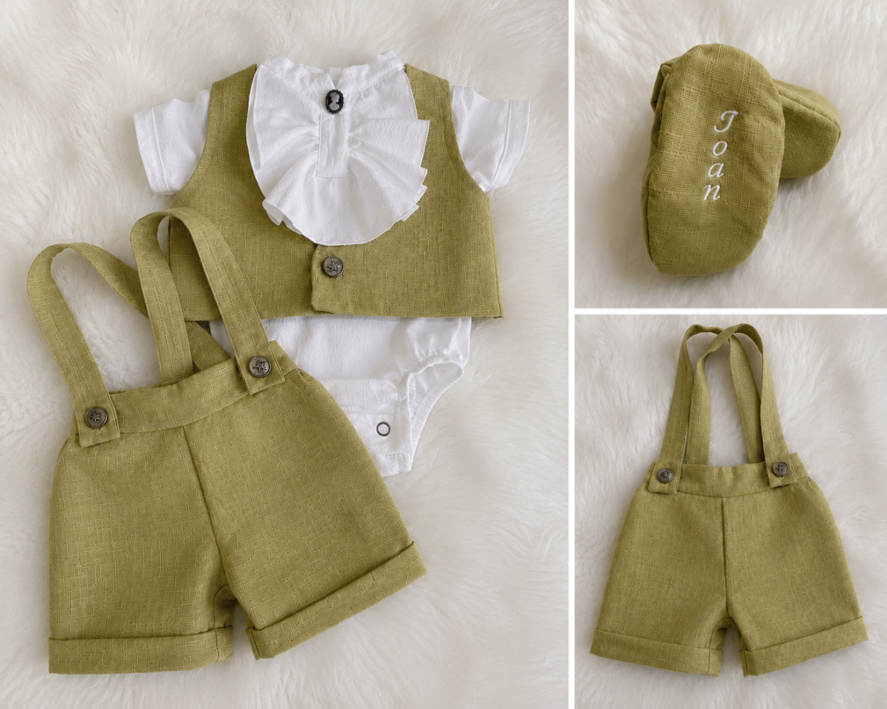 Costum de botez pentru băieți, din in verde moss și bumbac prespălat, cu jabou [2]