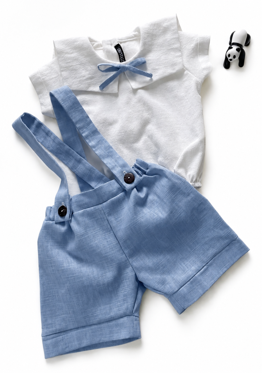 Costumaș Elegant Geo, din In, pentru Băieței, Bleu – Vestă, Cămașă și Pantaloni Scurți [4]