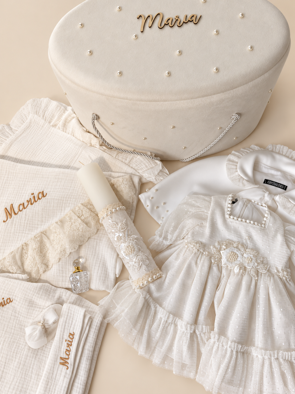 Set trusou botez personalizat și rochiță tafta ivoire [2]