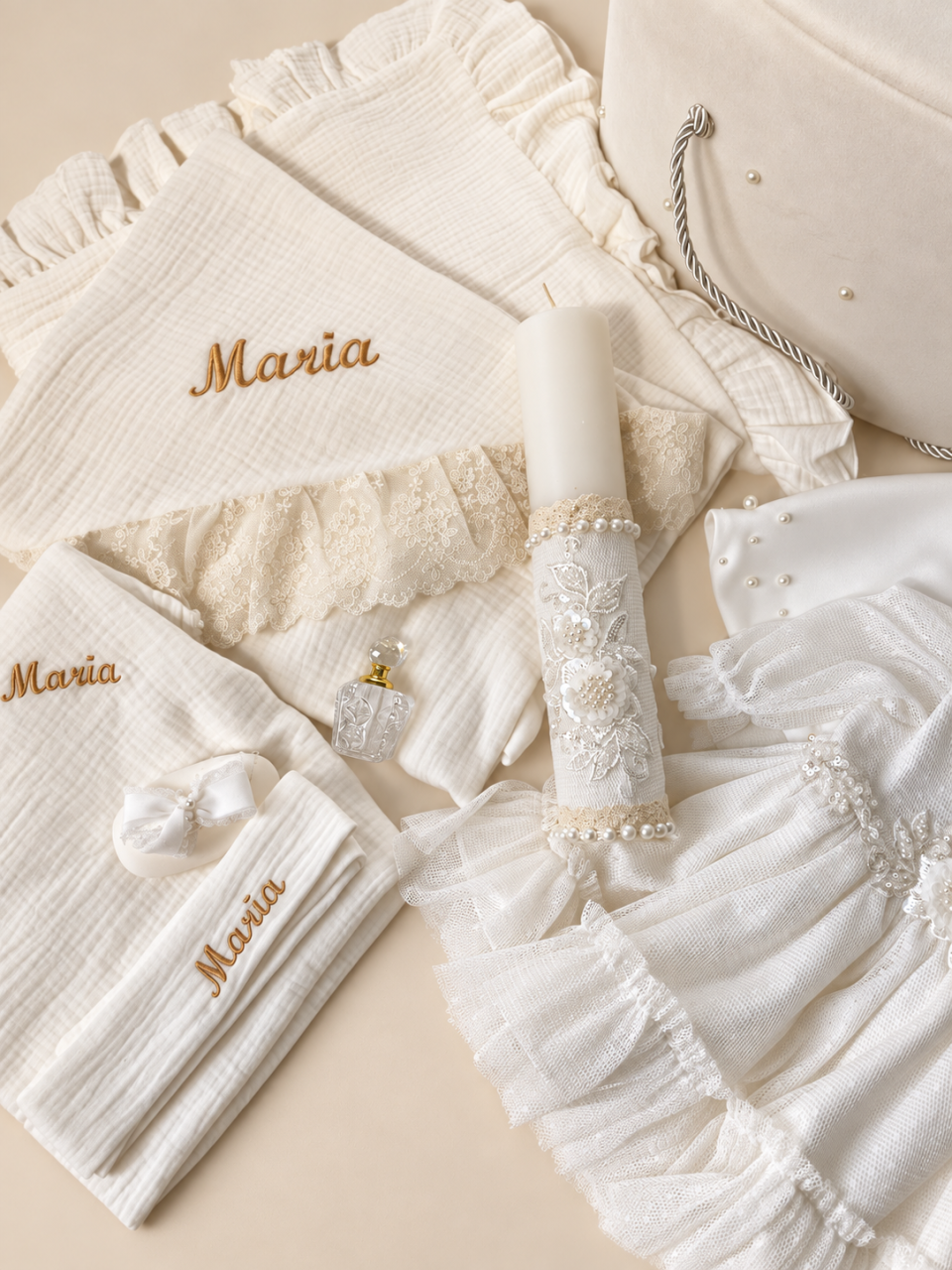 Set trusou botez personalizat și rochiță tafta ivoire [3]