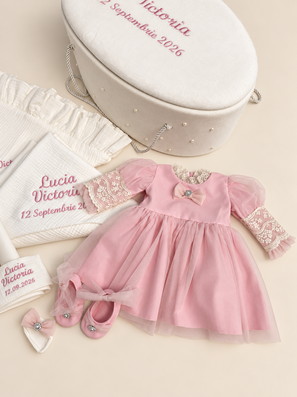 Set trusou botez personalizat și rochiță tafta ivoire [2]