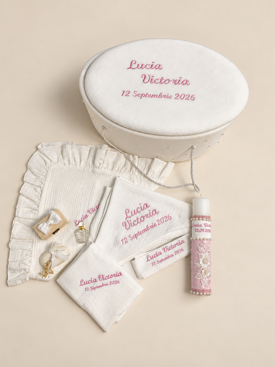 Set trusou botez personalizat și rochiță tafta ivoire [6]