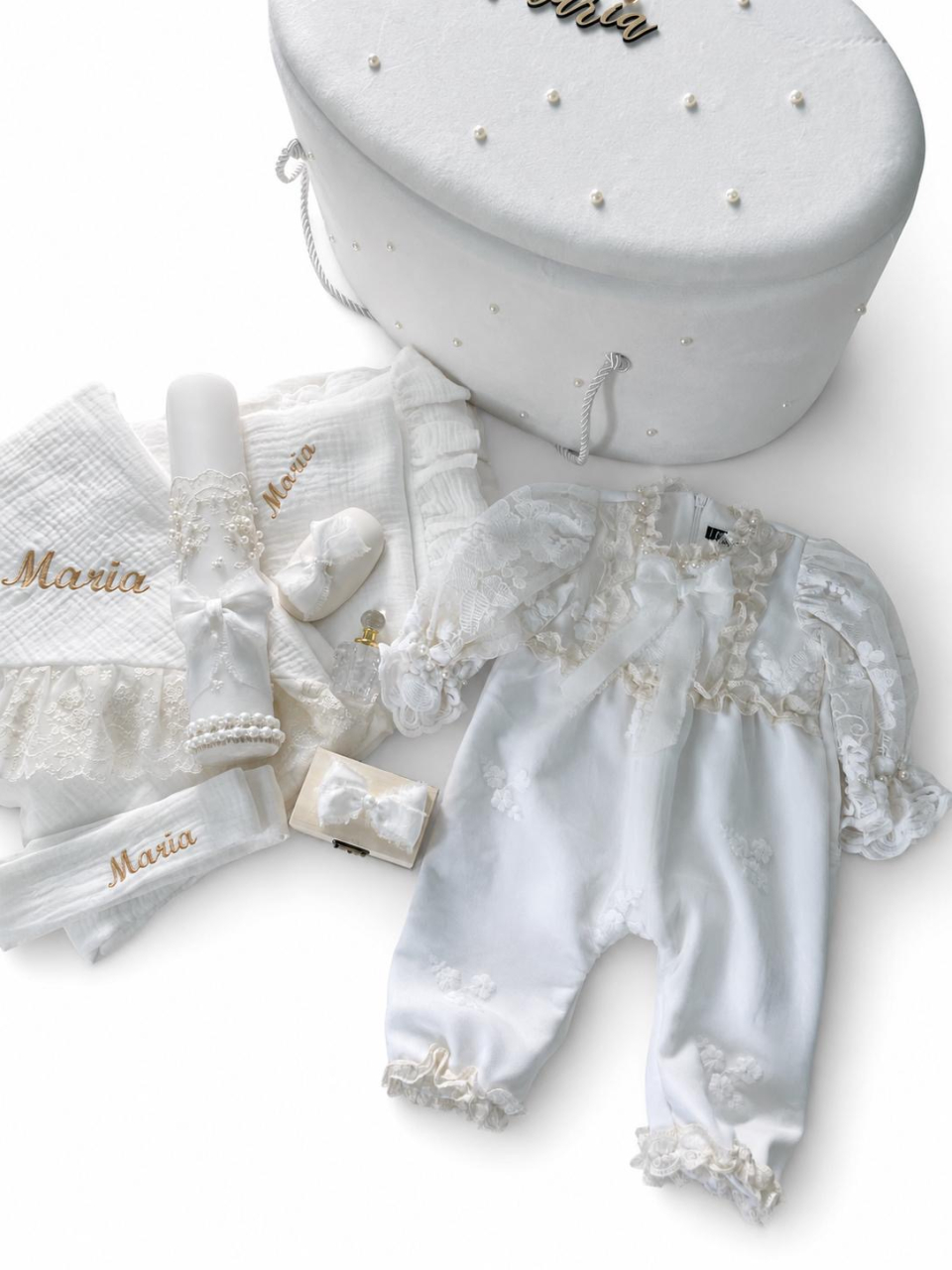 Set trusou botez personalizat și rochiță tafta ivoire [2]