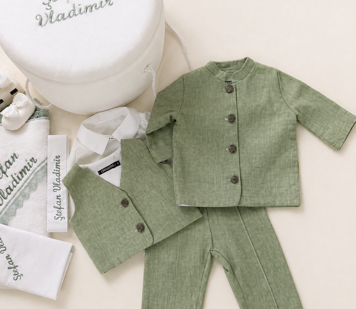 Set Trusou Botez Personalizat Vladimir, Costumaș 4 Piese din In, Trusou Bumbac și Cufăr Buretat [2]
