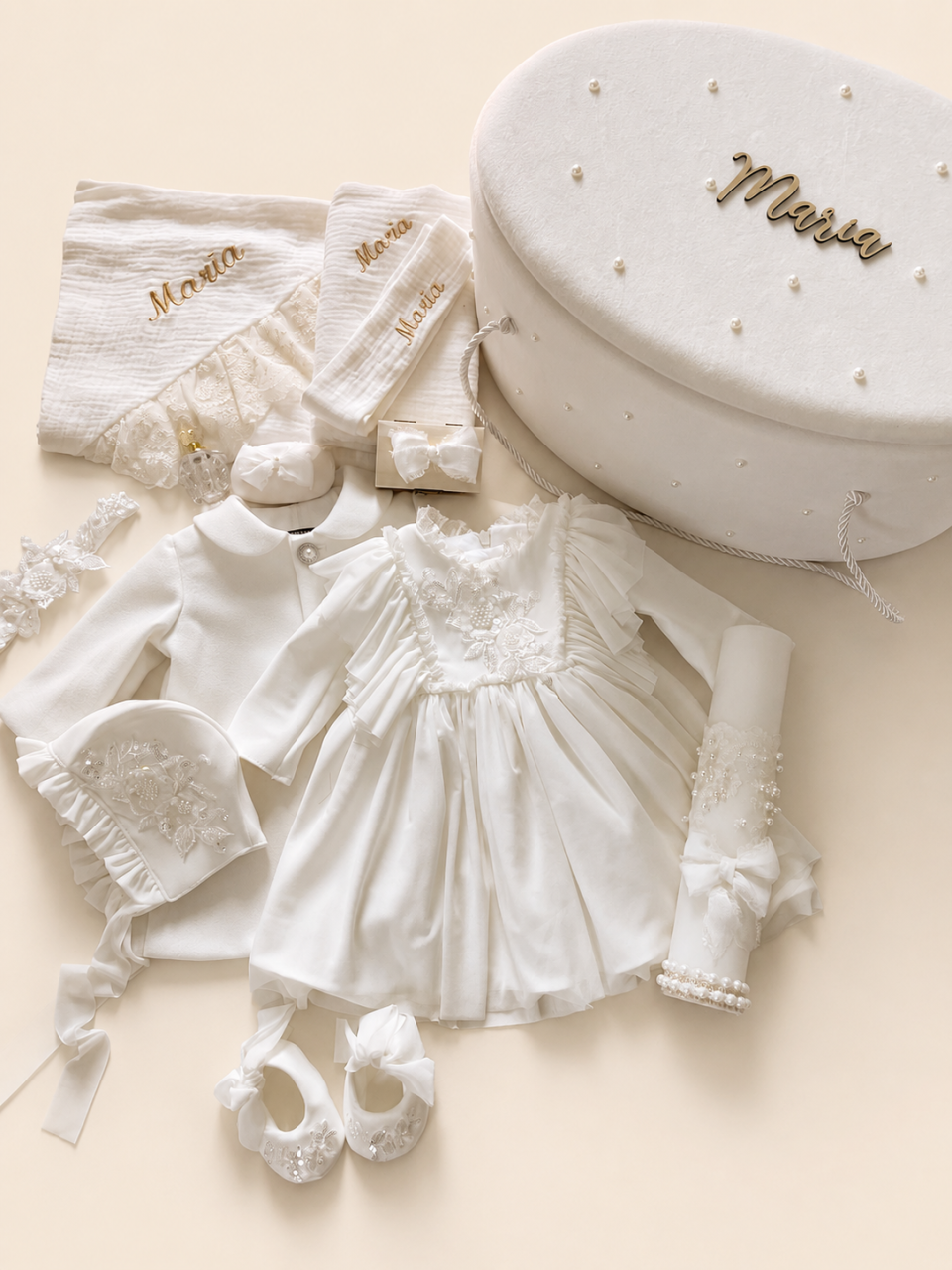 Set trusou botez personalizat și rochiță tafta ivoire [2]