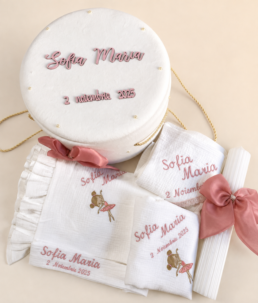 Set Trusou Botez Premium, cu lumanare, din Muselină și Catifea – Crystalines [4]