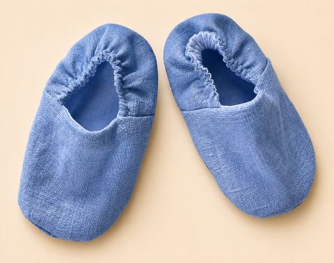 Accesorii botez baieti - Botoșei Delicate din In Natural Bleu