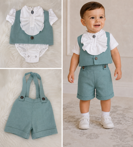 Costum de botez pentru băieți, din in verde menta și bumbac prespălat, cu jabou [8]