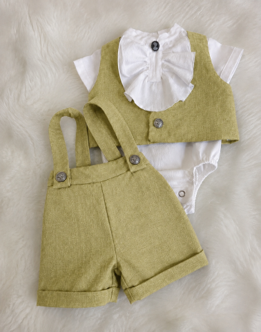 Costum de botez pentru băieți, din in verde moss și bumbac prespălat, cu jabou [2]