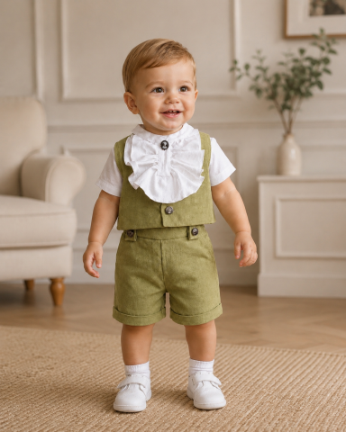 Tinute botez baieti - Costum de botez pentru băieți, din in verde moss și bumbac prespălat, cu jabou
