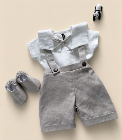Costumaș Elegant din In pentru Băieței Bej – Vestă, Cămașă și Pantaloni Scurți [1]