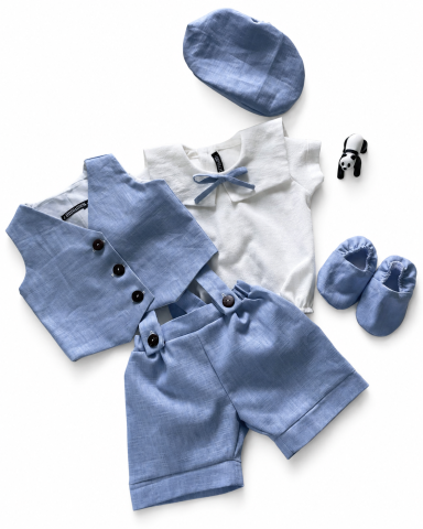 Tinute botez baieti - Costumaș Elegant Geo, din In, pentru Băieței, Bleu – Vestă, Cămașă și Pantaloni Scurți