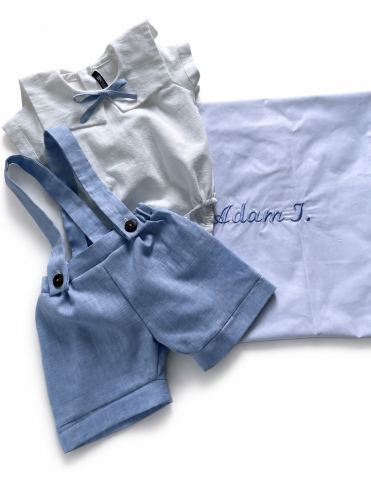 Costumaș Elegant Geo, din In, pentru Băieței, Bleu – Vestă, Cămașă și Pantaloni Scurți [2]