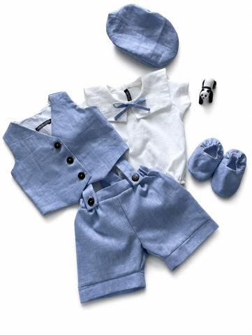 Costumaș Elegant Geo, din In, pentru Băieței, Bleu – Vestă, Cămașă și Pantaloni Scurți [1]