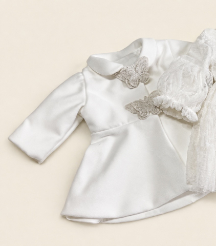 Set elegant pentru fetiță Daria, format din rochiță delicată cu dantelă și tull, paltonaș asortat cu aplicații decorative în formă de fluture. Ideal pentru botez, aniversări, ceremonii și alte evenimente speciale. [2]