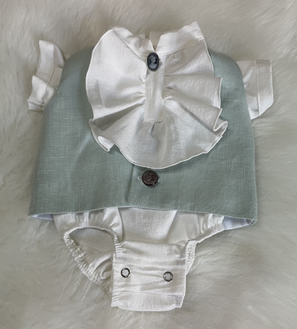 Costum de botez pentru băieți, din in verde menta și bumbac prespălat, cu jabou [3]