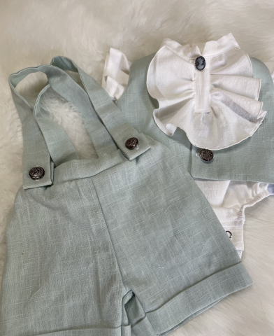 Costum de botez pentru băieți, din in verde menta și bumbac prespălat, cu jabou [6]