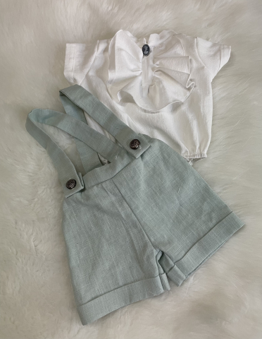 Costum de botez pentru băieți, din in verde menta și bumbac prespălat, cu jabou [7]